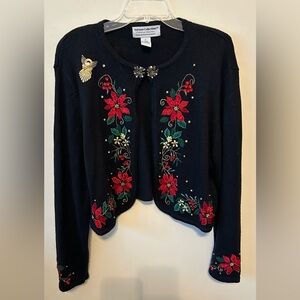 Heirloom Collectibles vintage‎ crop sweater cardigan Size XL Holidays Poinsettia